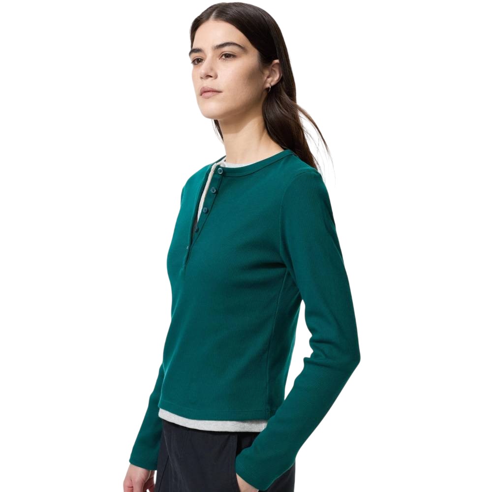 Лонгслив Uniqlo Ribbed Henley Neck T-shirt, 58 темно-зеленый