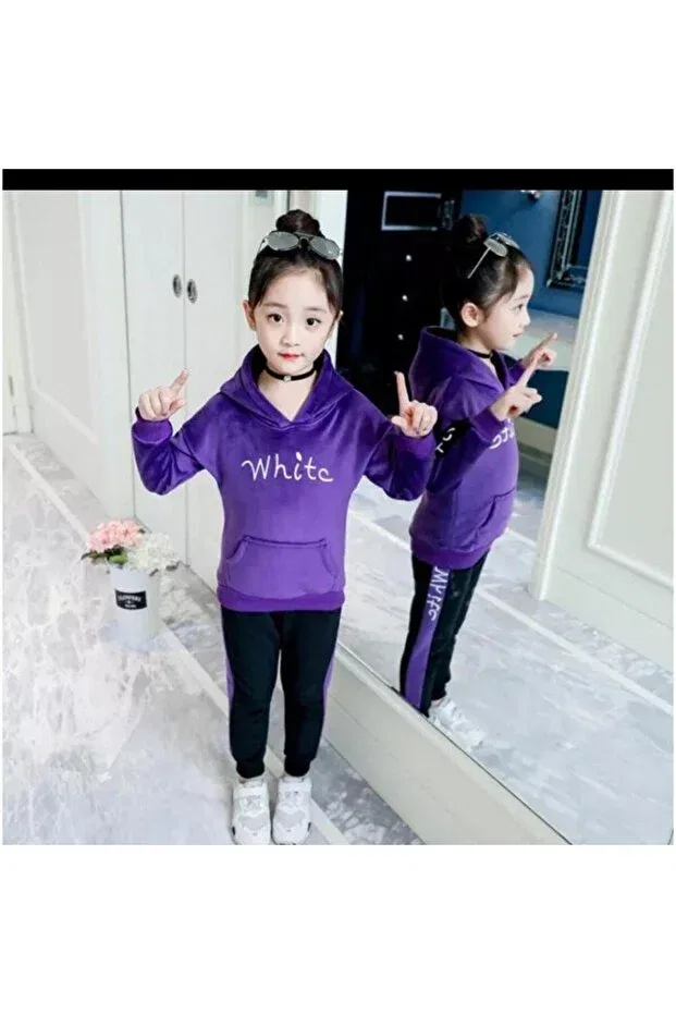 Детский комплект для девочек с вышивкой Striped Detailed Embroidered Hooded Kangaroo Pocket French Velvet Waiter Boy Girl Tracksuit Set Modavals, Multicolor