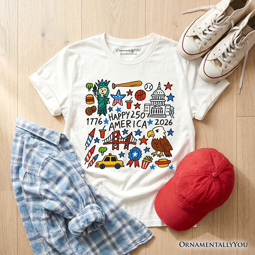 Детская футболка с принтом Happy 250 America Doodle OrnamentallyYou, White