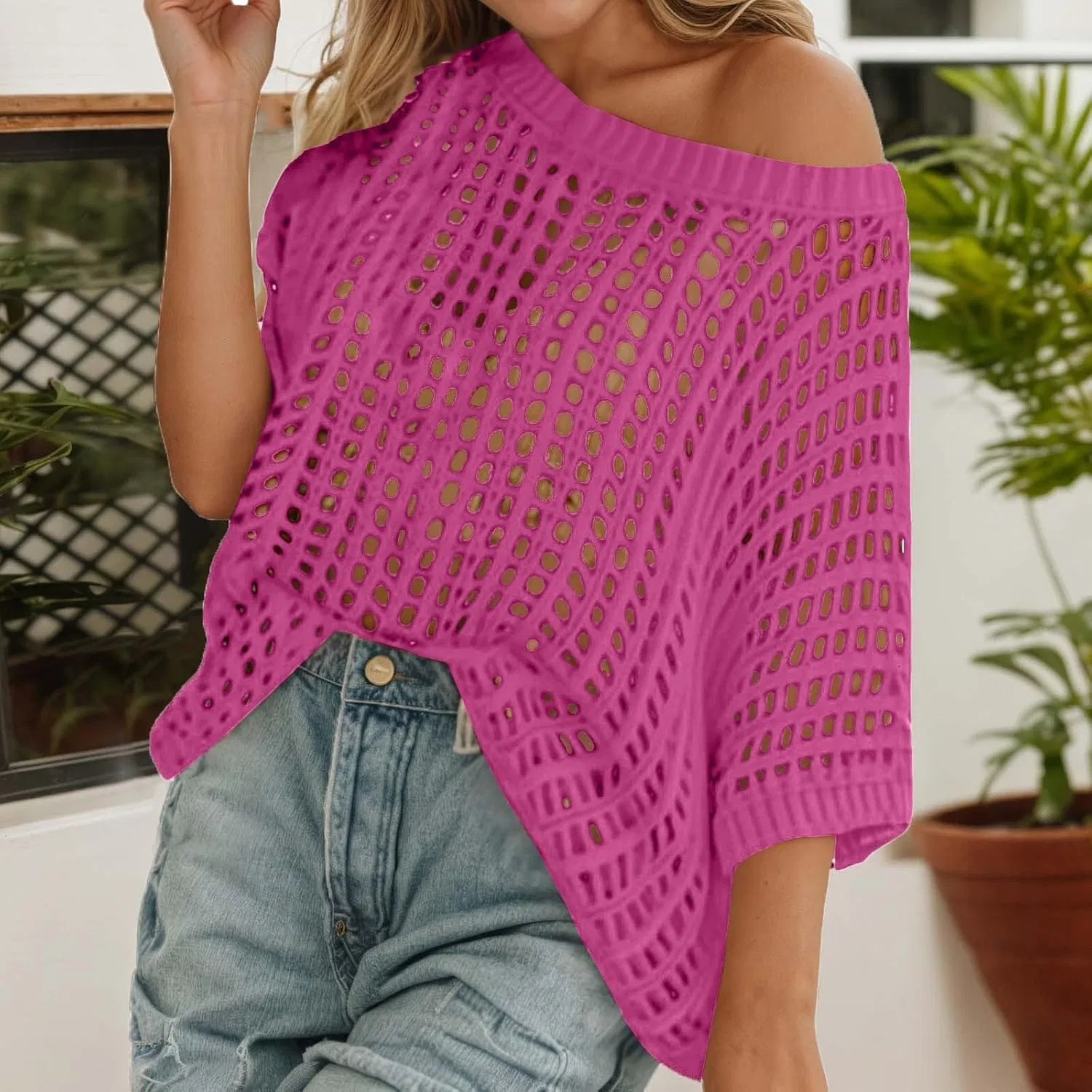 Женская повседневная футболка с вырезами, Crochet, Hot Pink — фото 2