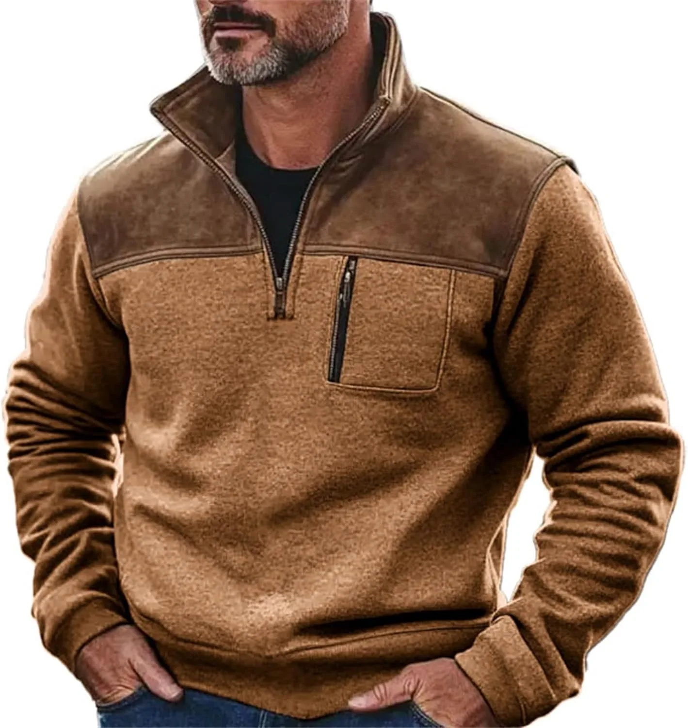 

Мужской свитер с воротником стойкой и молнией на четверть, в стиле вестерн, с жаккардовым принтом и налокотниками