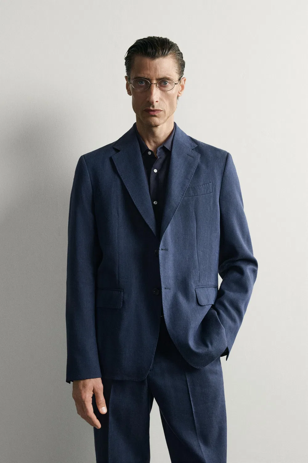 Блейзер из льна/шерсти, стандартного кроя. ZARA, Blue — фото 2