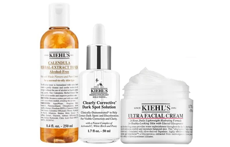 Женский набор косметики Kiehl's Dewy Glow Trilogy, Calendula Toner 250ml + Dark Spot Lightening Serum 50ml + High Hydrating Face Cream 50ml, Kiehl's, White — фото 2