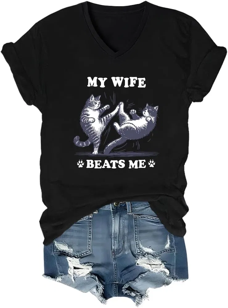 Женская футболка с принтом My Wife Beats Me, V-образным вырезом, Regular Fit, Black