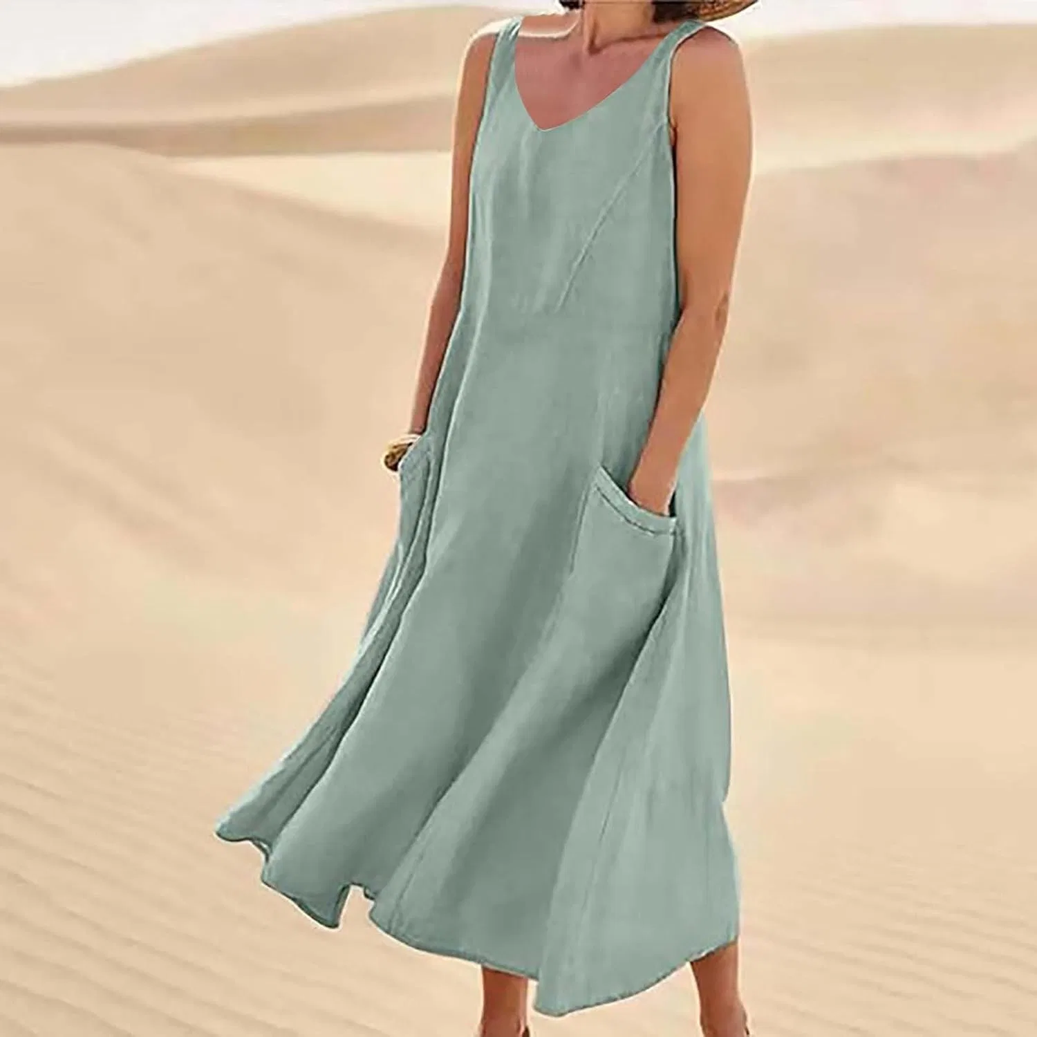 Женское летнее льняное платье свободного кроя с карманами, Mint Green — фото 2