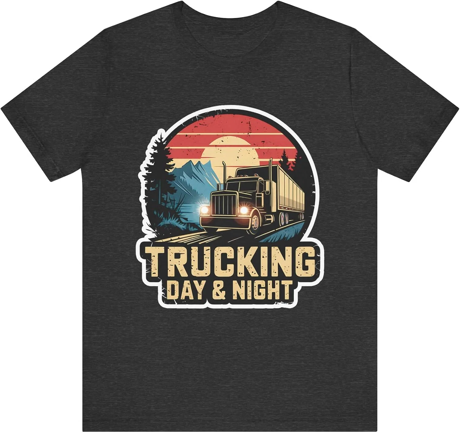 Мужская футболка с принтом Trucking Day and Night, тёмно-серый меланж — фото 3