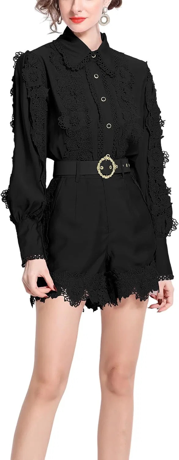 Женский повседневный костюм с кружевной отделкой, Black