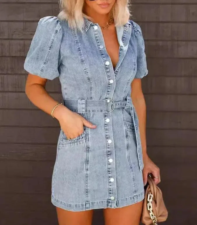 Женское джинсовое платье с вышивкой V-образным вырезом, Short Sleeve, A Line, High Waist, Pocket, Casual Chic Mini Dress — фото 3