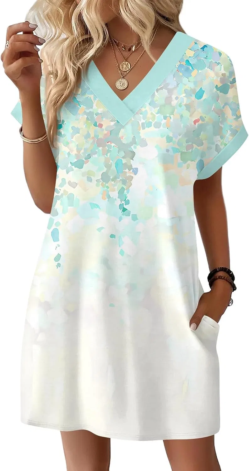Женское летнее платье casual V-образным вырезом, Light Blue