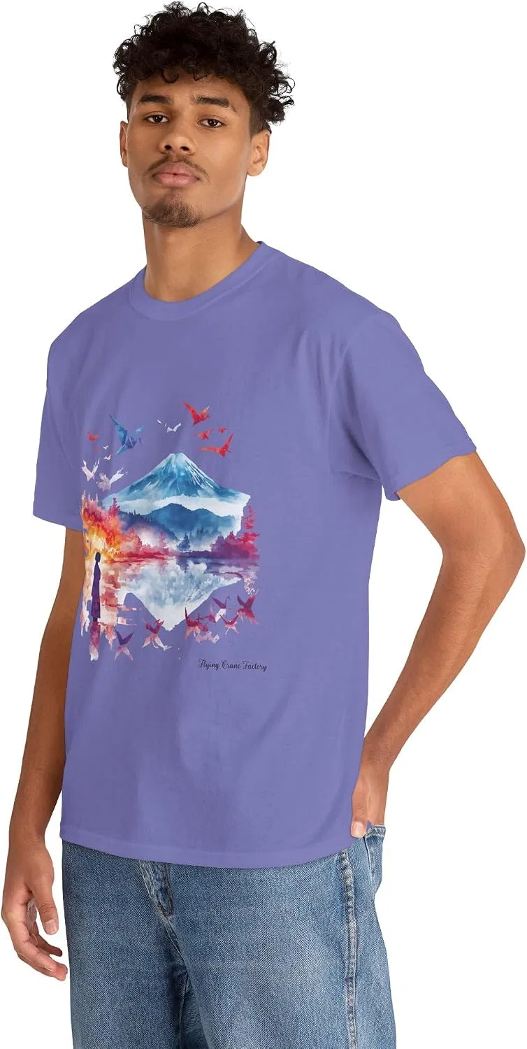 Футболка с оригами-журавлем и горой Фудзи, Heavy Cotton, Violet — фото 4