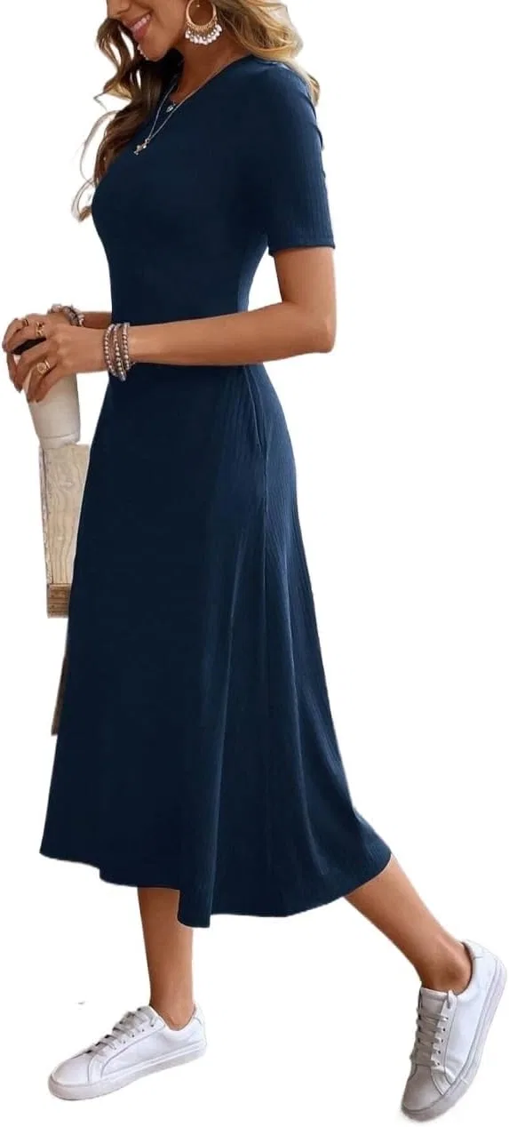 Женское повседневное миди-платье с коротким рукавом, Navy Blue