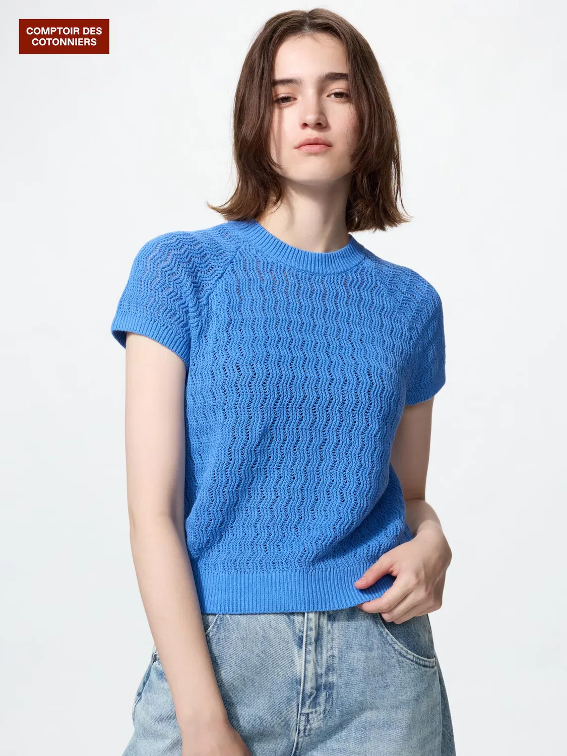 Льняной свитер Uniqlo с круглым вырезом, синий