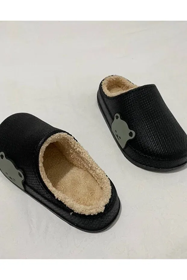 Детские тапочки с принтом Teddy Bear Patterned Comfortable Soft Fur Inside House Slippers Guest Slippers Dowry Garden Children's Slippers Modaqueen, Черный — фото 2