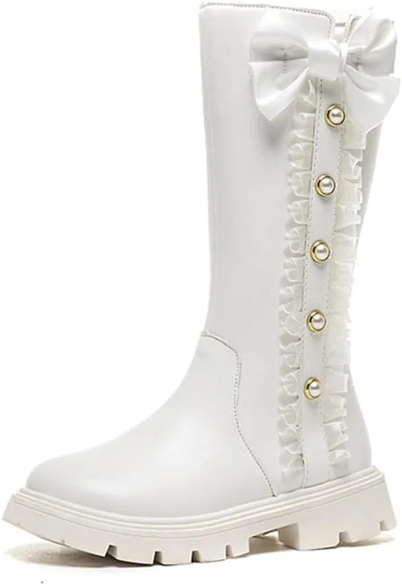 Детские зимние сапоги для девочек с принтом Pearl Bowknot Auhoho, White