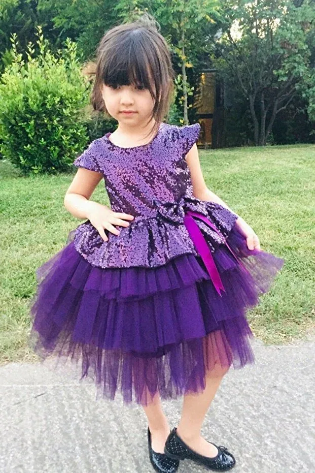 Детское вечернее платье для девочек с коротким рукавом Ribbon Plum Tulle Evening Dress Mashotrend, Plum