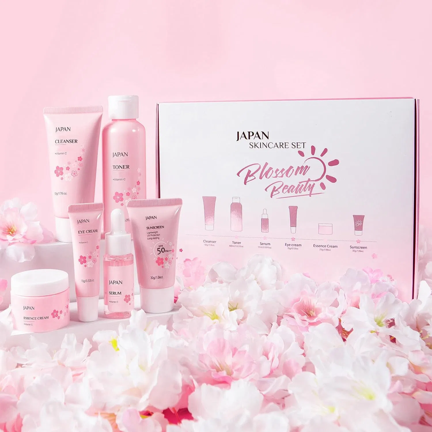 Набор средств по уходу за кожей Sakura, очищающее средство 50 г, тоник 100 мл, эссенция 17 мл, крем для глаз 15 г, крем для лица 25 г, солнцезащита 30 г Generisch — фото 2