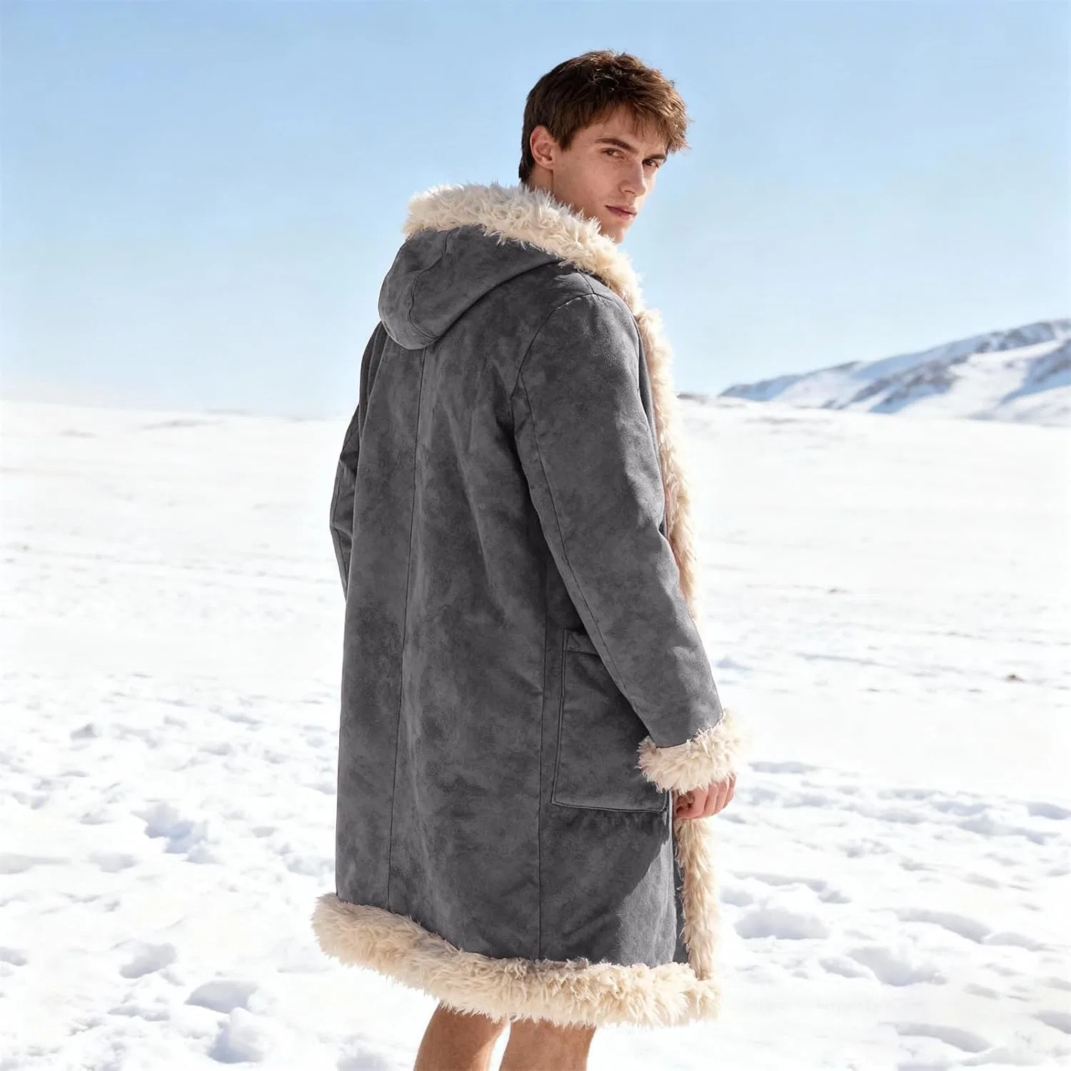 Мужское длинное пальто с капюшоном на флисе, с искусственным мехом, Christmas Santa Claus Coat, серый — фото 3