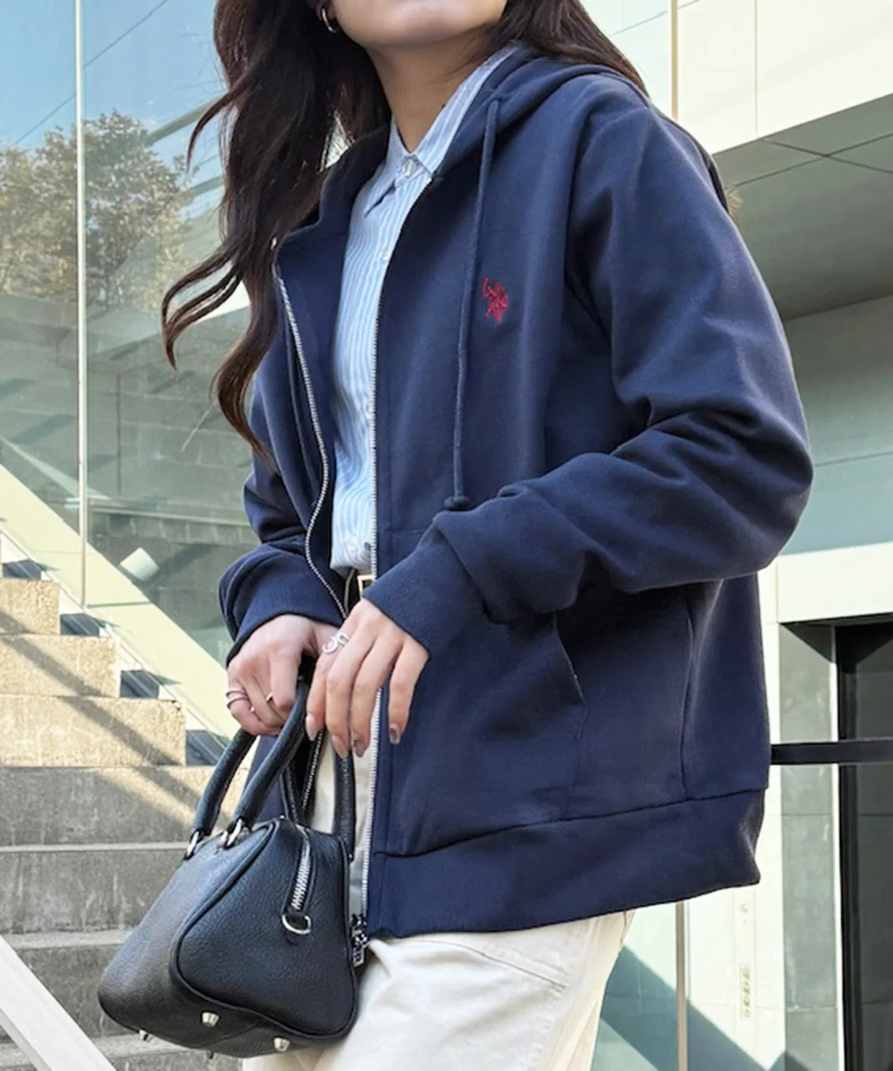 Мужское/Женское худи с длинным рукавом на молнии, с логотипом U.S. POLO ASSN., Navy