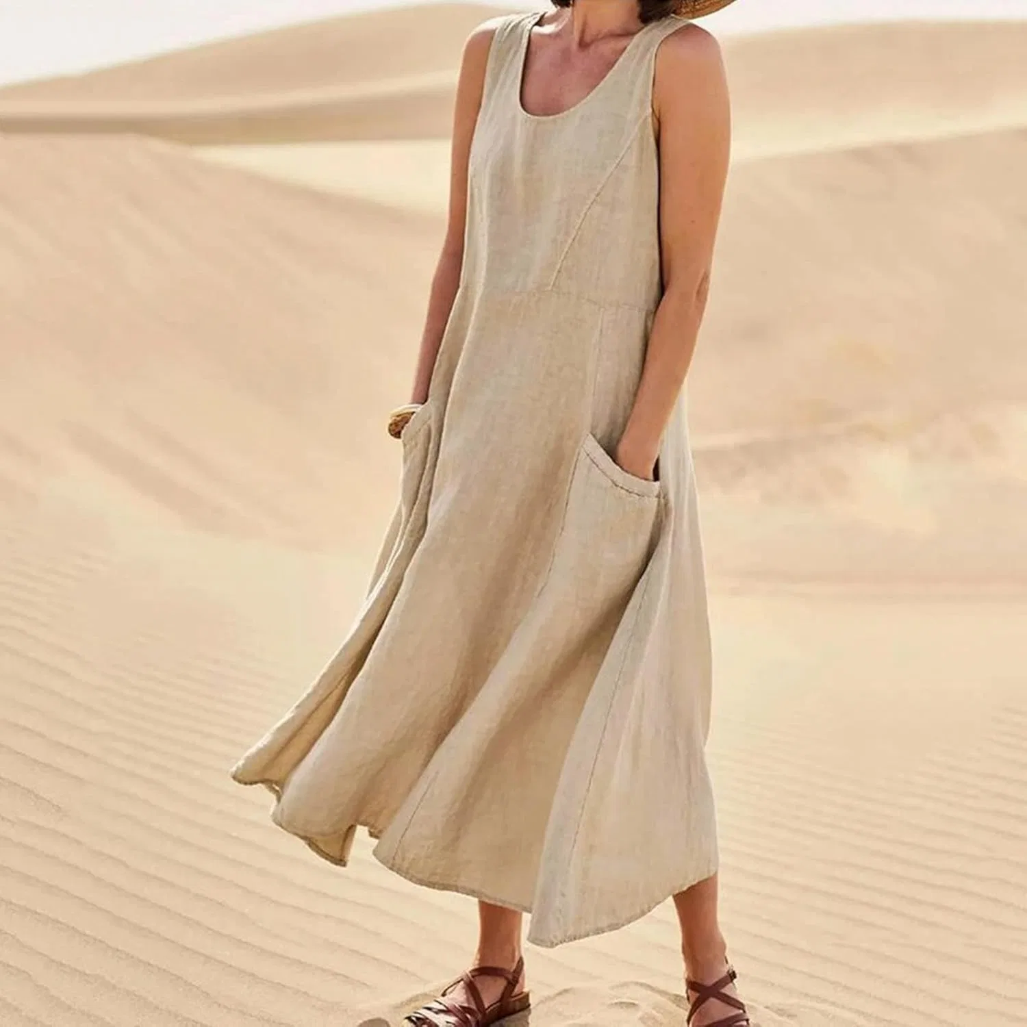 Женское летнее свободное платье макси из хлопка и льна, Khaki — фото 2
