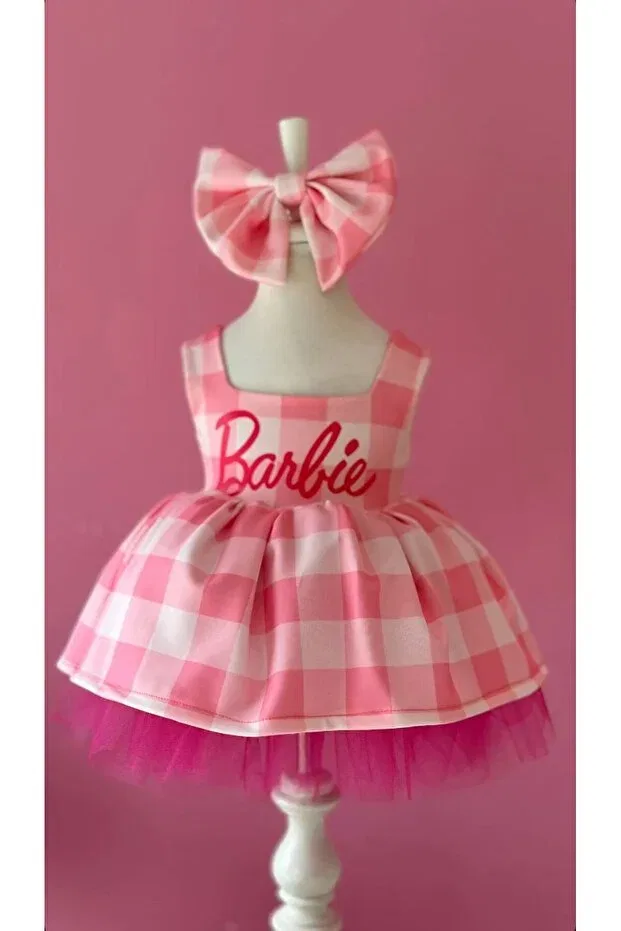 Детское платье для девочек с принтом Barbie Birthday Dress Anne Kız Tasarım, Pink — фото 2