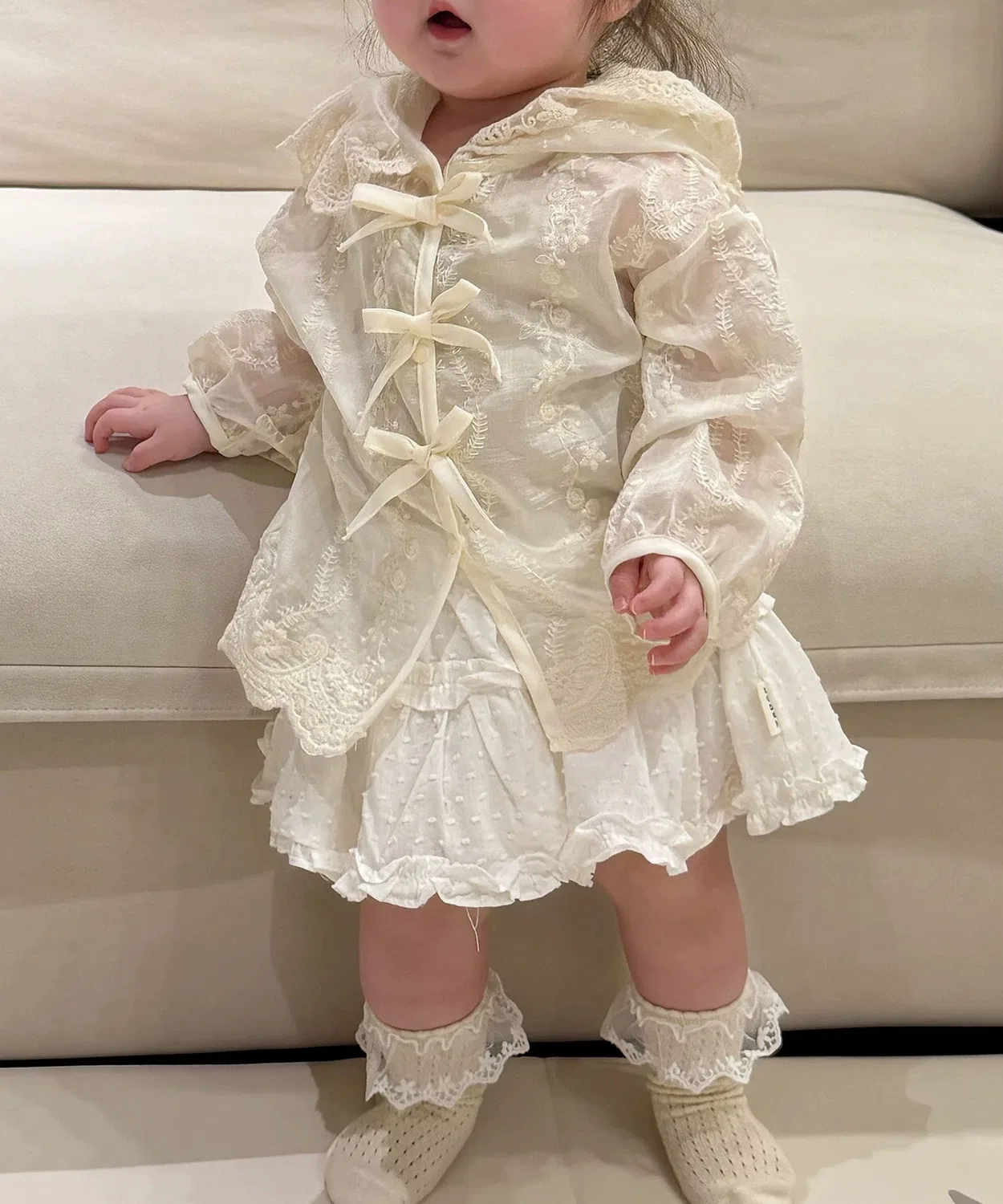 Детская блузка с длинным рукавом с кружевом и бантом, SS, aimoha, Light Beige