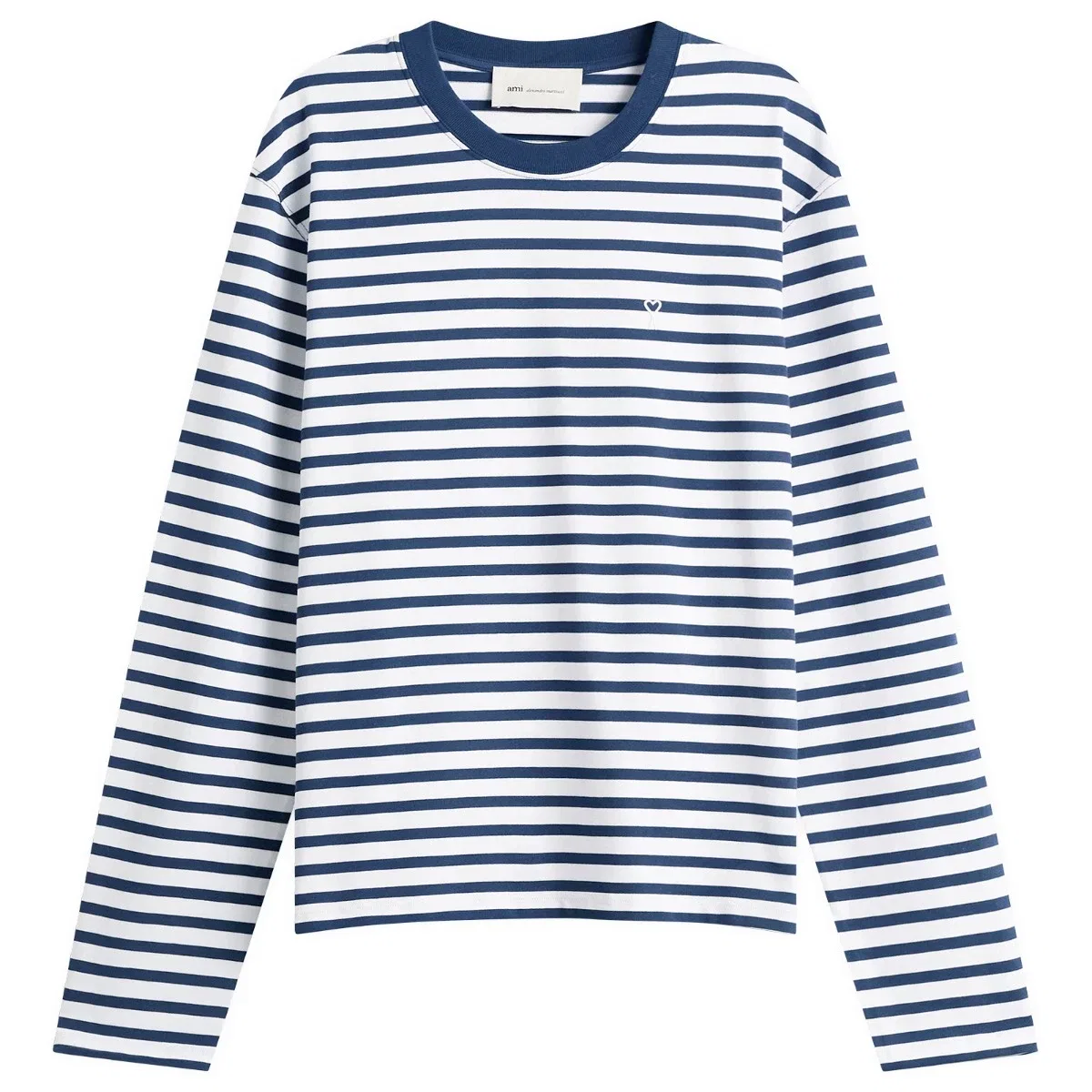 Футболка с длинным рукавом, свободный крой, с полоской, Long sleeve boxy fit mariniere t-shirt Ami Paris, Encre/Blanc