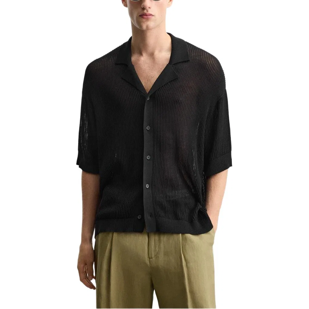 Мужская рубашка с кубинским воротником Black ZARA, Black — фото 4
