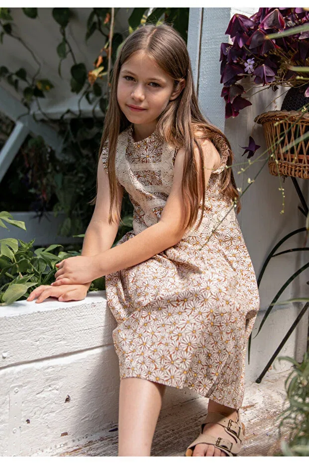 Детское платье для девочек с принтом Sezen dress - daisy Kokori Kids, Papayta Patterned Brown On Ecru — фото 3