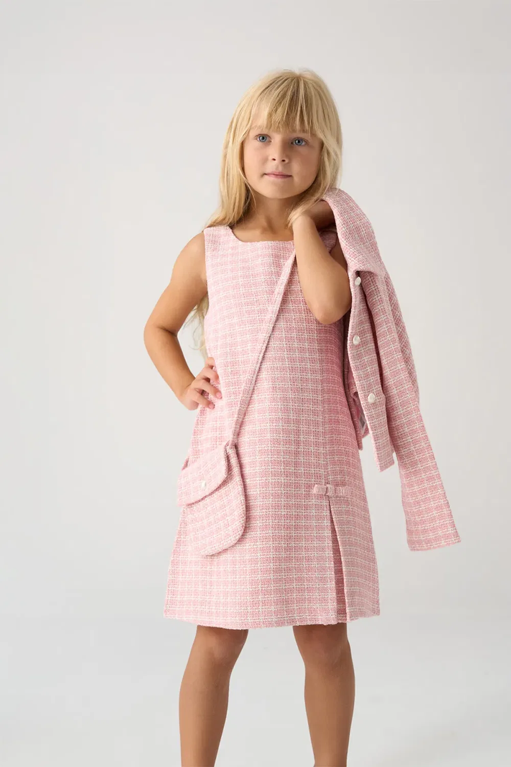 Детский комплект из твидового жакета, платья и сумки Miss, Pink