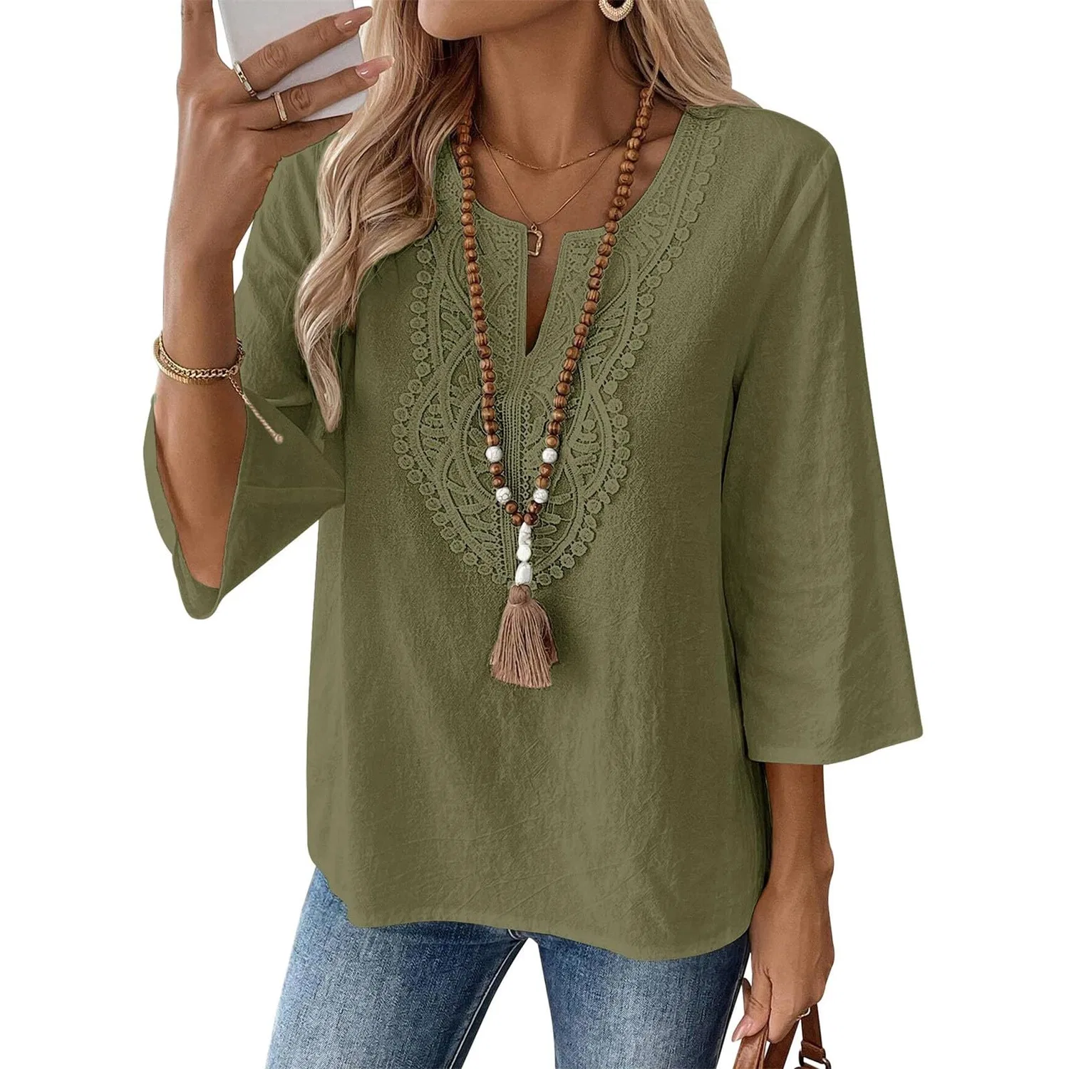 Женская льняная туника с вышивкой Retro 3/4 Sleeve Boho Casual Loose Fit Lightweight Summer Beach Blouse, D-blackish Green