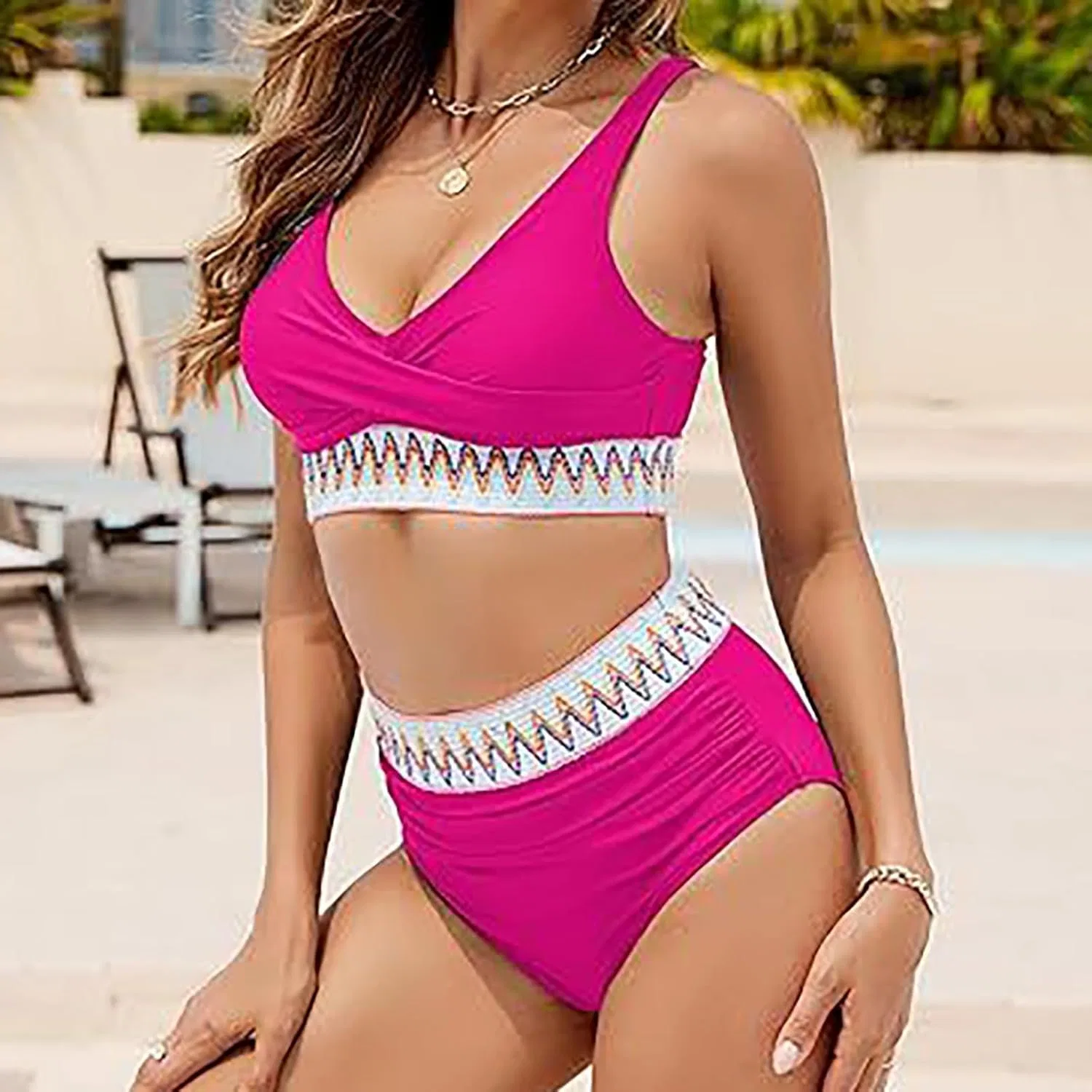Женский купальник бикини с V-образным вырезом и высокой талией, Hot Pink — фото 3