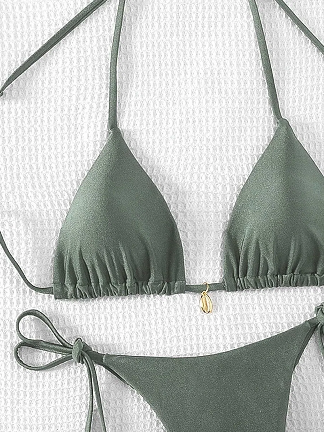 Женский бикини-сет с высокой талией, завязками сзади Halter Neck, Army Green — фото 2