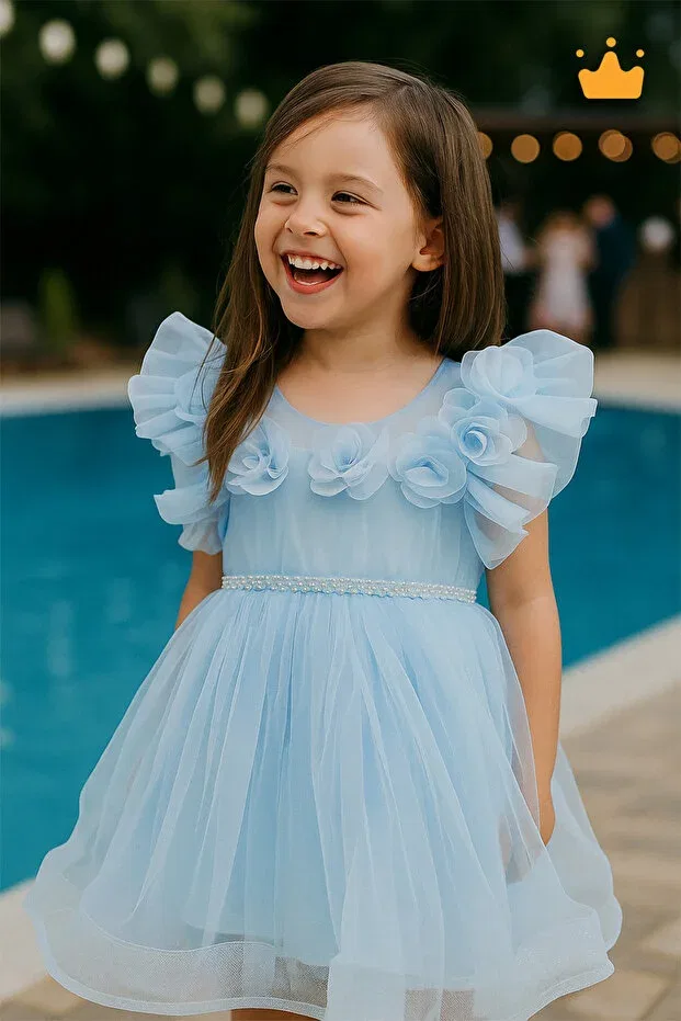 Детское платье для девочек с коротким рукавом Rose Detailed Minimony, Blue — фото 2