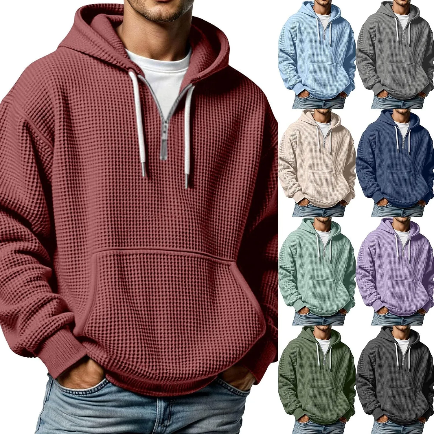 

Толстовка с капюшоном для мужчин, четверть молнии, вафельная ткань, с карманами
