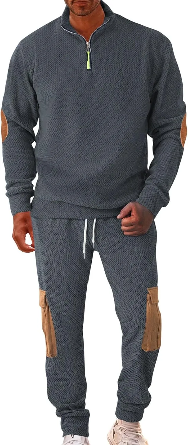 Мужской спортивный костюм Casual для тренировок с длинным рукавом, сет из толстовки на четверть молнии и брюк, 2 предмета Generic, серый