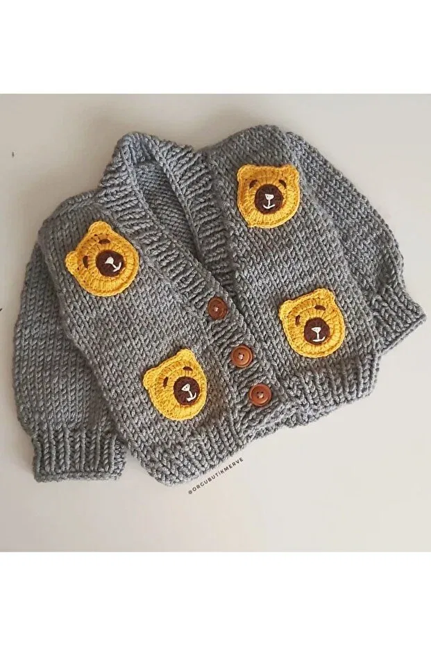 Детский кардиган для мальчиков с принтом Hand knitted cardigan with bear for baby boy and child El Örgüsü, Gray