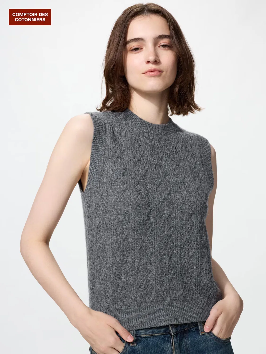 Жилет кашемировый Uniqlo, с ажурной отделкой, серый