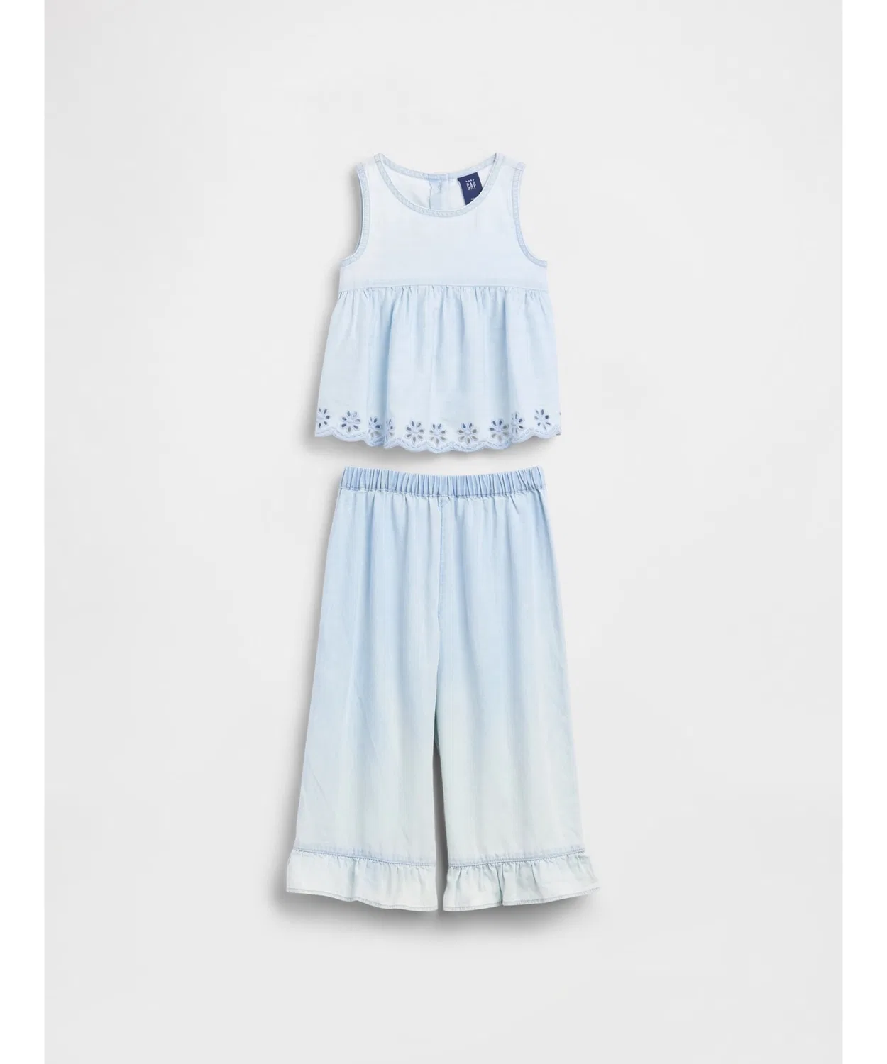 Детский комплект из топа и брюк из денима с вышивкой, модель GAP, Light Indigo Blue — фото 2