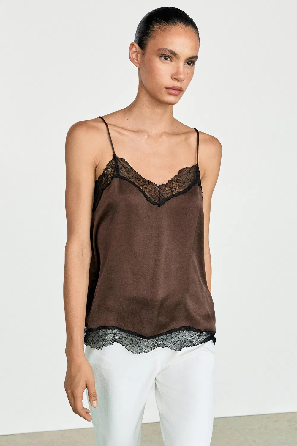 Топ-камисоль Massimo Dutti Contrast lace, коричневый