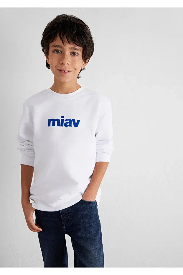 Детские свитшот для мальчиков с принтом Meow Printed Mavi, White-620 — фото 2