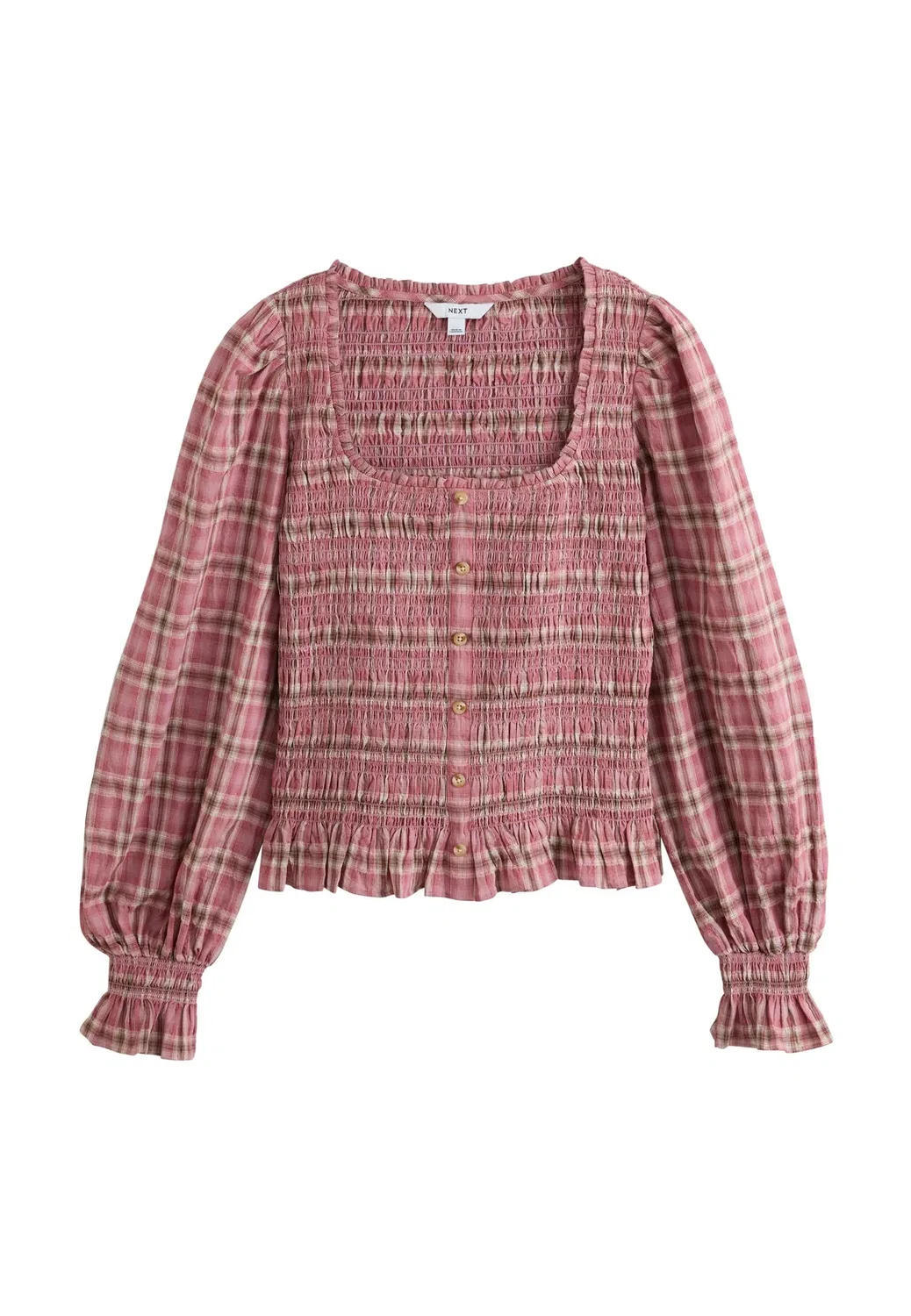 Блузка с длинными рукавами и присборенным верхом и квадратным вырезом Next, Pink Check — фото 4
