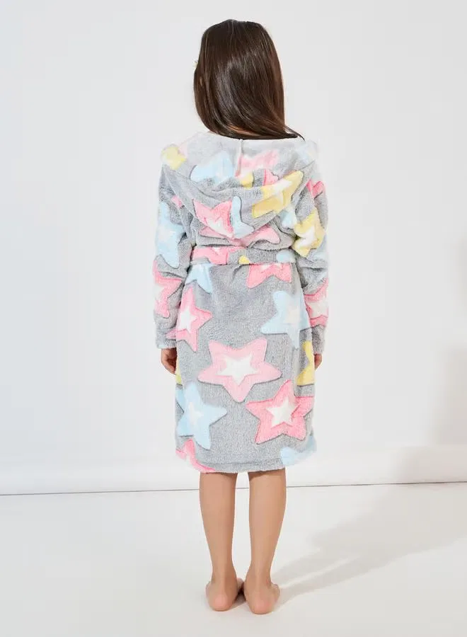 Халат с длинным рукавом с принтом звезд Star pattern fleece Styli, серый — фото 4