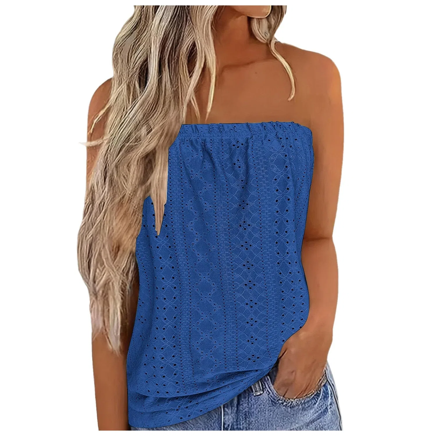 Женский топ без рукавов с перфорированной вышивкой, Blue 1