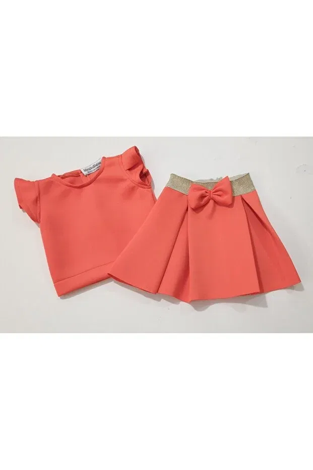 Детский комплект юбки и блузки для девочек с бантом Moms And Babies, Orange — фото 4