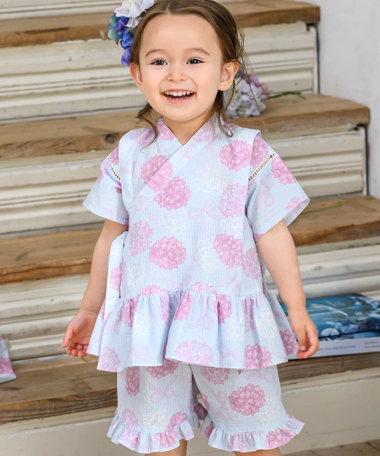 Детский комплект юкаты с рюшами с принтом Sakura Panpantutu, Lavender