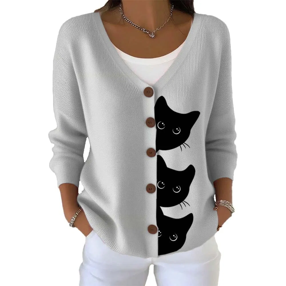 Женский кардиган с принтом Black Cat Print, бренд, Grigio chiaro