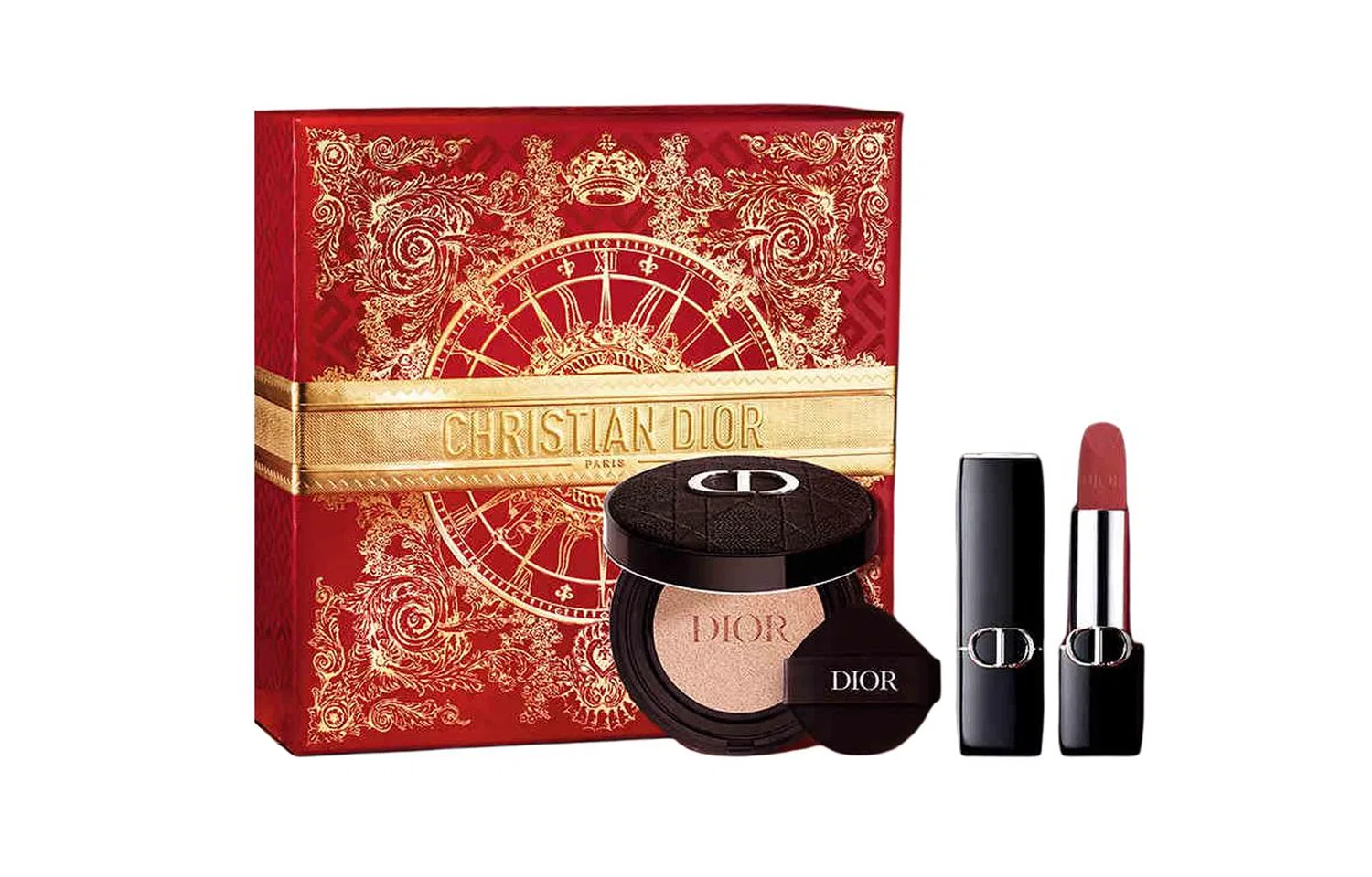 Женский косметический набор с помадой и тональным кремом, Blue Gold Velvet Lipstick #188 и Creamy Long-Lasting Cushion Foundation, DIOR, Blue Gold — фото 2