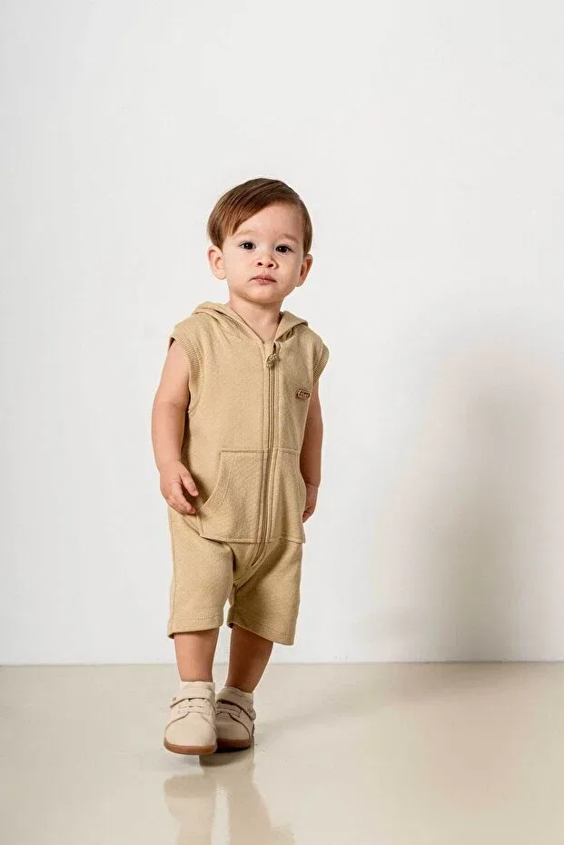 Детский комбинезон для новорожденных хлопковый с капюшоном Basics Bombe, Beige
