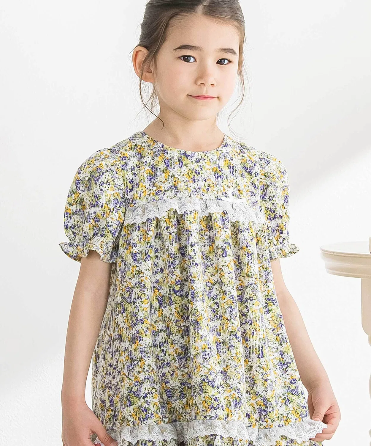 Детское платье с цветочным принтом и вышивкой, с коротким рукавом BeBe Petits Pois Vert, Purple — фото 3