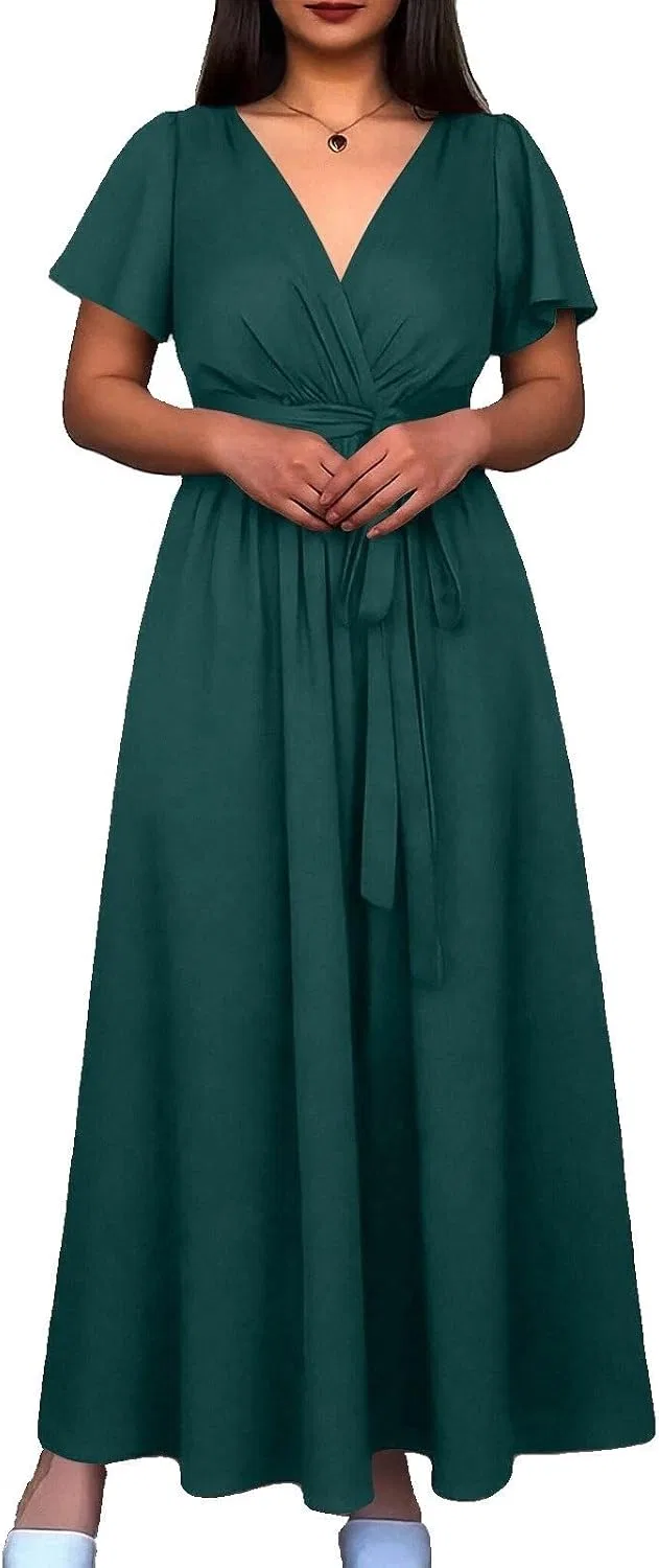 Женское платье-макси с запахом, с принтом, Elegant Dresses for Women Classy Long Formal V Neck Short Sleeve Pleated Wedding Guest Dress with Waist Tie Back Tie, тёмно-зелёный